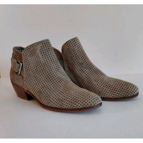 Sam Edelman Sz 7.5 Taupe Beige Suede Perforated Low Heel Paula Booties w/Buckle - Picture 1 of 8